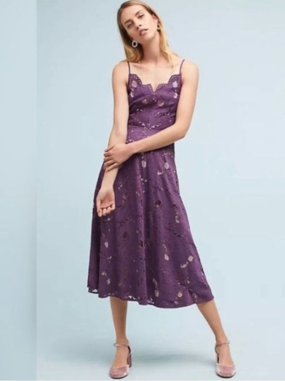 Anthropologie Moulinette Soeurs Purple Scalloped Lace Midi Dress Size 4 Party